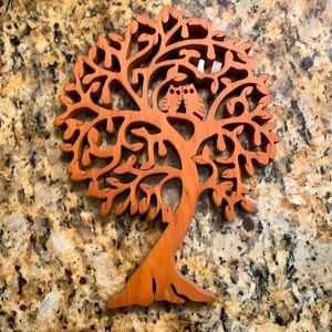 Hand Carved Wooden Owls in Tree